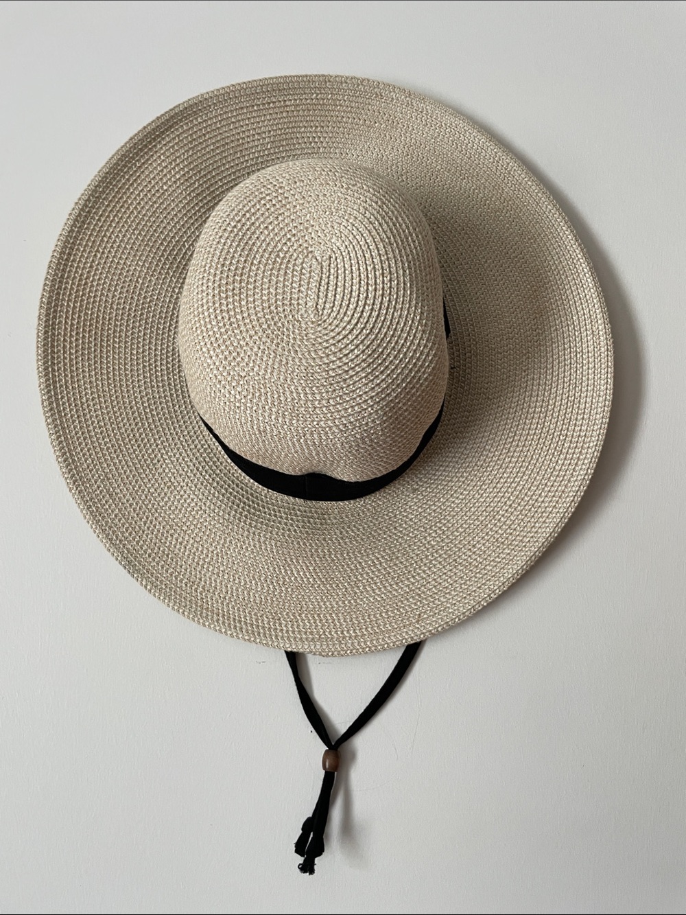 Women's Cream Straw Sun Hat with Black Band and Chin Tie